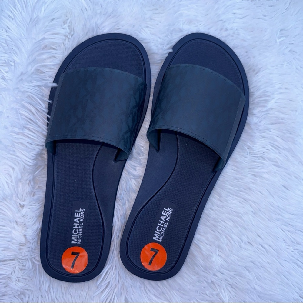 Women MK Michael Kors Wade MK Logo Translucent Slide Sandals Blue Sz 7 - Picture 3 of 5